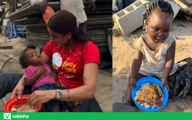 Voluntária da ONG Rosy Pires alimentando crianças em Moçambique